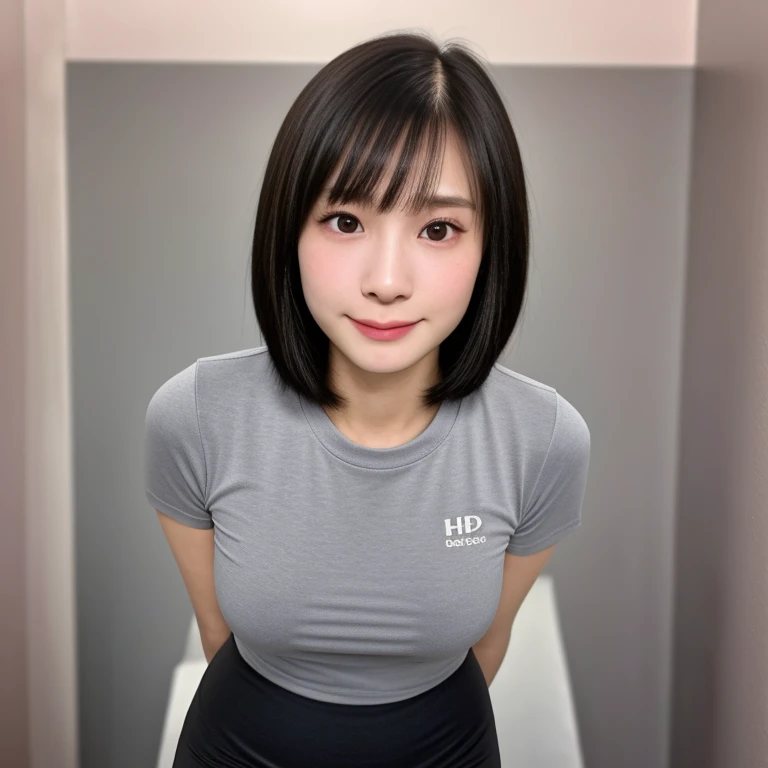 (kawaii 18 year-old Japanese girl, Nogizaka idol, Korean idol), healthy female athlete body, (glossy black hair, short hair, pixie cut, bangs:1.3), (rounded face, pure black eyes, single eyelid, no makeup, soft smile:1.2), (wearing training shirt, grey spo...