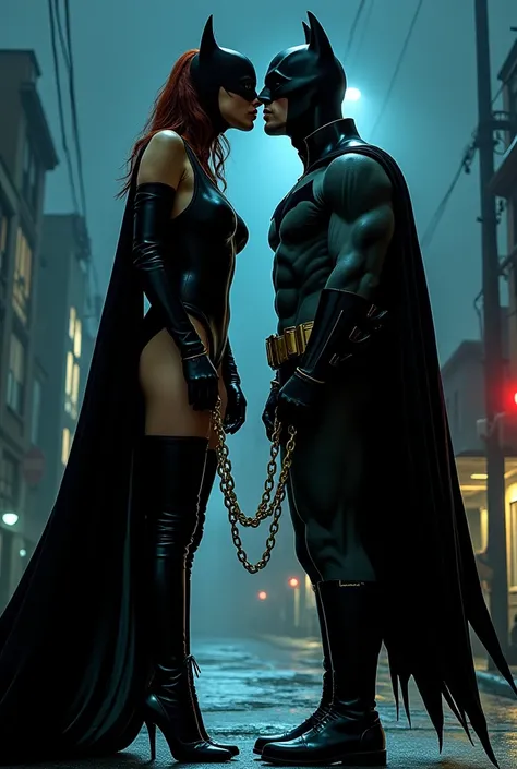 Michele Peifers Catwoman wearing a 20cm high boot with Batman kissing her boots. Batman is wearing a BDSM collar and Catwoman is holding a chain connected to the collar