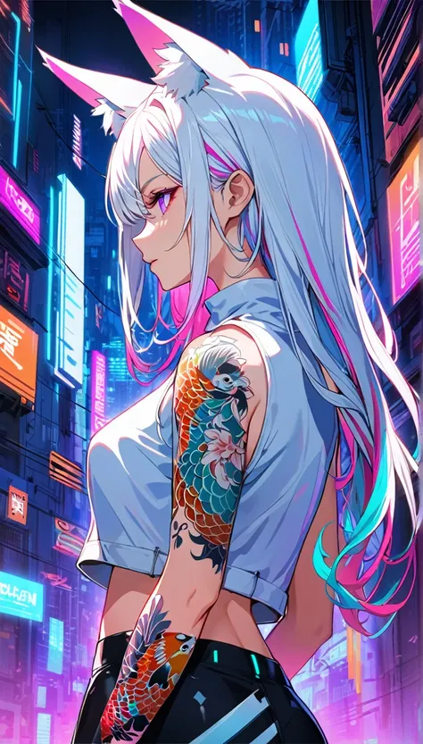 1woman, long white hair with pink and cyan tips,Muticolored hair, fox ears, purple eyes, wearing a white coat,wearing black leggings, wearing white undershirt, tattoos on arms,  colorful japanese koi tattoos, showing body,medium breasts, cyberpunk, profile...