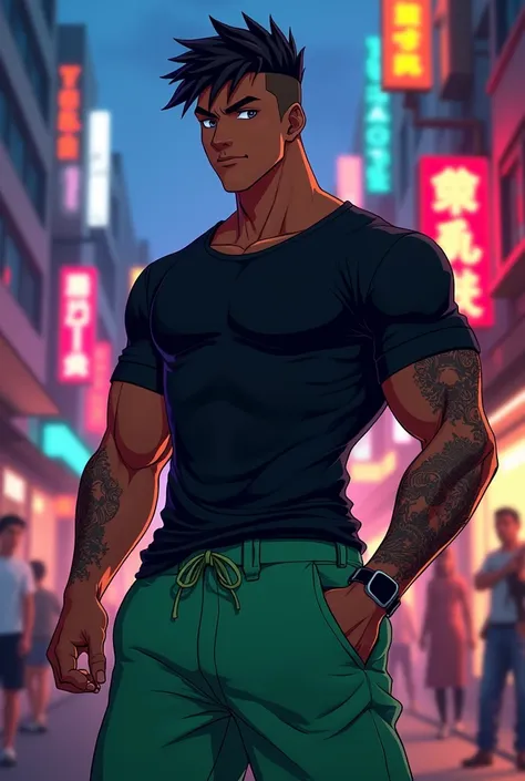 Black anime man, Cao Cao, with freckles on his face, black shirt and green shorts, masculine, low fade buzz cut