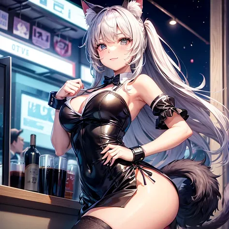 A girl with cat ears and a tail who works at a night bar