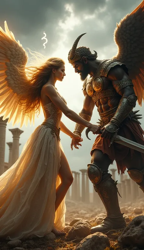 A beautiful female angel and a male demon in ancient Greek armor fighting with swords