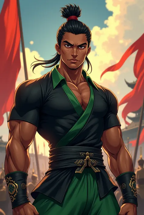 Black anime man, Cao Cao, with freckles on his face, black shirt and green shorts, masculine, low fade buzz cut