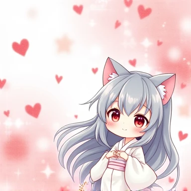 One Woman,Gray Hair,Cat ear,((Chibi Character)) Heterochromia iridis,Eye color,red,White kimono,Star Iris Background(Heart Background,Lots of hearts,pink,Watercolor style) smile,cute,Enter text in the lower right corner of the fantasy image,A very popular ...