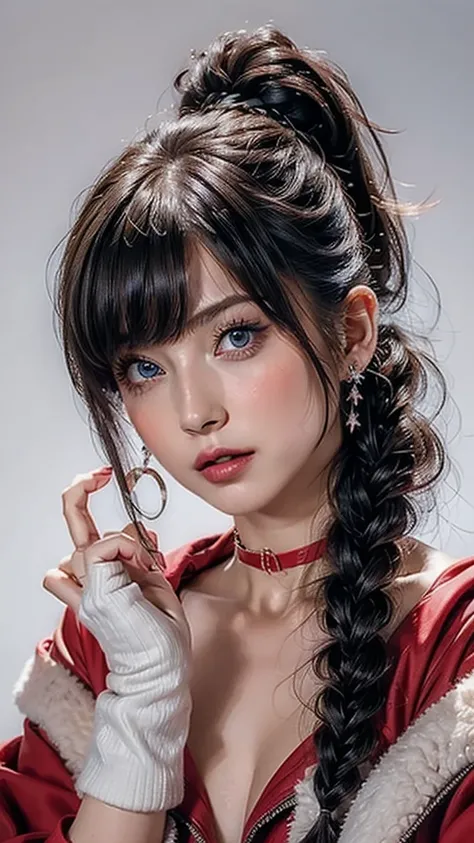 ((Beautiful Face:1.4)), (Purelos Face_v1: 1.0), Half Body,((White simple background)),one person, return,((Natural Big Breasts:1.0)), (Beautiful Japanese Women),bangs, Exposing shoulders, black gloves, Blue eyes, Braiding, choker, Earrings, fingerless glov...