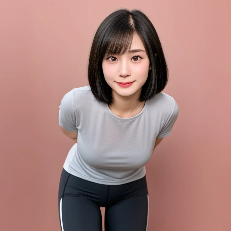 (kawaii 18 year-old Japanese girl, Nogizaka idol, Korean idol), healthy female athlete body, (glossy black hair, short hair, pixie cut, bangs:1.3), (rounded face, pure black eyes, single eyelid, no makeup, soft smile:1.2), (wearing training shirt, grey spo...