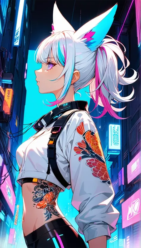 1woman, long white hair with pink and cyan tips,Muticolored hair, fox ears, purple eyes, wearing a white coat,wearing black leggings, wearing white undershirt, tattoos on arms,  colorful japanese koi tattoos, showing body,medium breasts, cyberpunk, profile...