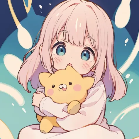 a  hugging a potato-shaped stuffed animal, cute and adorable expression, beautiful detailed eyes, soft lighting, pastel colors, dreamy