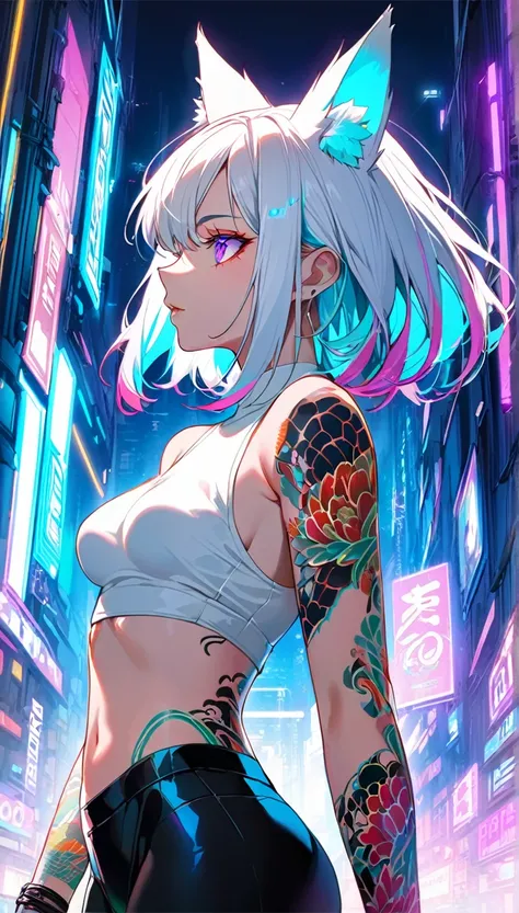 1woman, long white hair with pink and cyan tips,Muticolored hair, fox ears, purple eyes, wearing a white coat,wearing black leggings, wearing white undershirt, tattoos on arms,  colorful japanese koi tattoos, showing body,medium breasts, cyberpunk, profile...