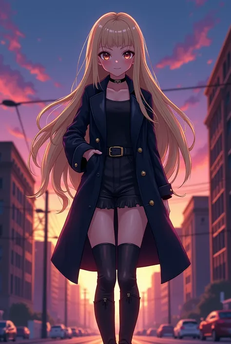 a cartoon image of a woman in a black coat and boots, vector art by Ei-Q, pixiv, shin hanga, full_body!!, !!full body portrait!!, full body!!, anime moe artstyle, gapmoe yandere grimdark, full body!, anime vtuber full body model　Beige hair