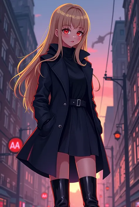 a cartoon image of a woman in a black coat and boots, vector art by Ei-Q, pixiv, shin hanga, full_body!!, !!full body portrait!!, full body!!, anime moe artstyle, gapmoe yandere grimdark, full body!, anime vtuber full body model　Beige hair