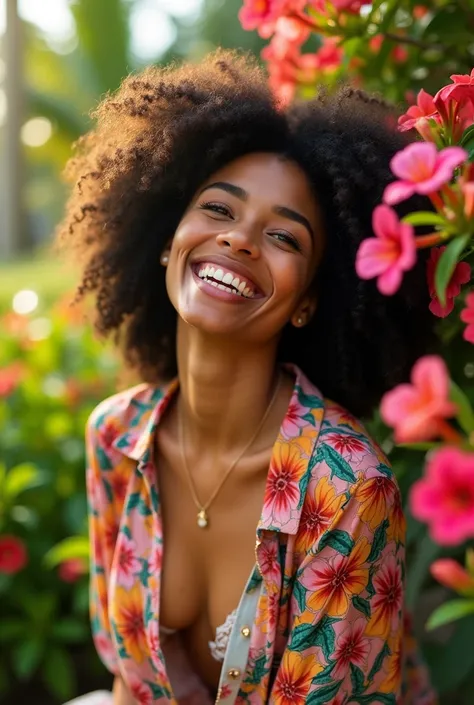 A Brazilian woman in a lush tropical garden, wearing an open shirt with a floral print, with a close-up capturing the harmonious beauty between her breasts and the natural flowers, showing off your natural charm and outgoing personality
