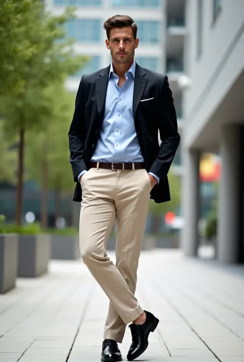 Man with black oxford shoes, light beige pants, baby blue shirt and black jacket 