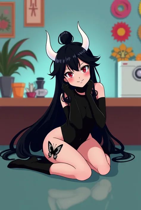 Anime mommy with black hair y2k Tied up and messy in the front and white horns and sexy bodysuit, with red eyes And a naughty face, Put a large black butterfly tattoo on one thigh and Japanese letters on the other, put elbow-length gloves on both arms 