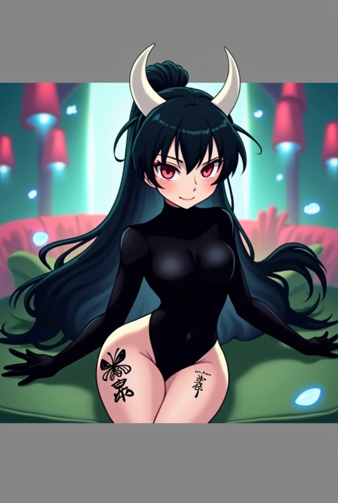 Anime mommy with black hair y2k Tied up and messy in the front and white horns and sexy bodysuit, with red eyes And a naughty face, Put a large black butterfly tattoo on one thigh and Japanese letters on the other, put elbow-length gloves on both arms 