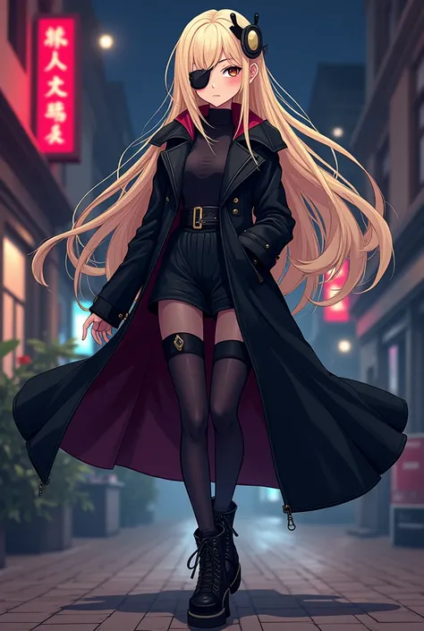 a cartoon image of a woman in a black coat and boots, vector art by Ei-Q, pixiv, shin hanga, full_body!!, !!full body portrait!!, full body!!, anime moe artstyle, gapmoe yandere grimdark, full body!, anime vtuber full body model　beige hair with an eyepatch