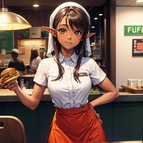 A brown-skinned elf girl working at a hamburger restaurant