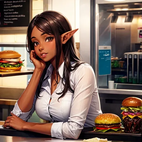 A brown-skinned elf girl working at a hamburger restaurant