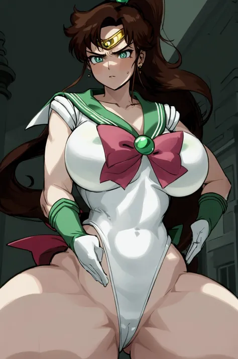 (Sailor Jupiter ),(Brown Hair)、(Long Ponytail)、(White and green tight sailor suit)、(True to prompts)、(upscale)、(Glaring with sharp eyes)、(Super big breasts),(Busy Street)、(Many people々々々々々々々々々々々々々)、(sunny)、(blue sky)、(Best lighting)、{{{Browsing Caution}}}、...