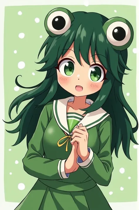 Tsuyu is a cute frog girl with big green eyes and long green hair. *My Hero Academia* waifu holding hands with Izuku Midoriya Deku