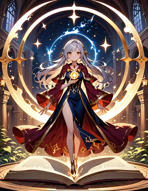 (((masterpiece, best quality, high detailed, 16k))) (1girl) a powerful sorceress with long, cascading hair that transitions from...