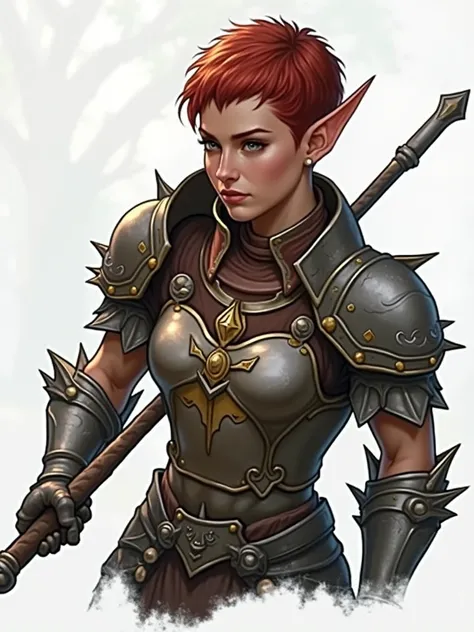 18-year-old elf woman, stark, Short red hair, wearing steel armor, holding a warhammer, best qualityer, high fantasy.