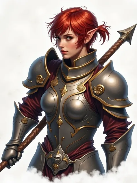 18-year-old elf woman, stark, Short red hair, wearing steel armor, holding a warhammer, best qualityer, high fantasy.