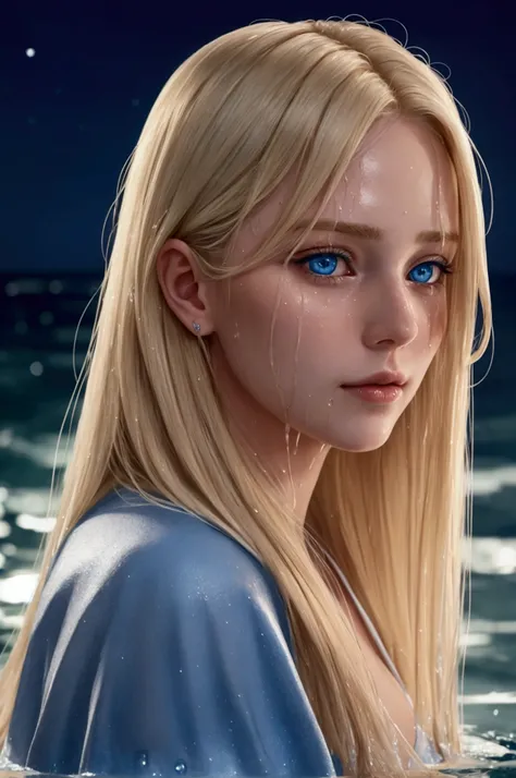 beautiful blonde woman with blue eyes, her hair is wet and her face is wet, we can see a close-up of her face, seen in the side profile of her face, it is night and she is in the sea.