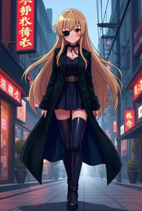 a cartoon image of a woman in a black coat and boots, vector art by Ei-Q, pixiv, shin hanga, full_body!!, !!full body portrait!!, full body!!, anime moe artstyle, gapmoe yandere grimdark, full body!, anime vtuber full body model　beige hair with an eyepatch