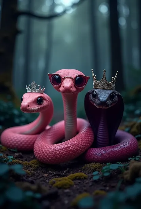 three snakes like LOLA BOA from Brandy & Mr. Whisker, together like Regina, Karen and Gretchen from MEAN GIRLS.

One cottonmouth baby pink with a princess tiara. 

the other black mamba fire red white and black with white gold neorave sunglasses.

the othe...