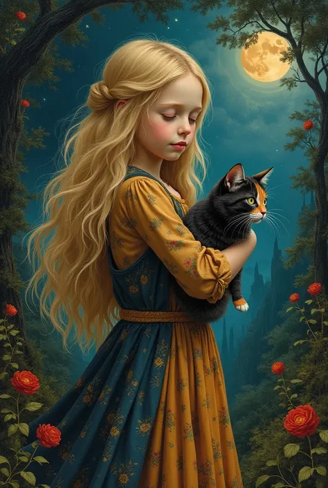 Esao Andrews style, mail art, sweetness overload, northern renaissance, tempera on old worn canvas, fairy tale, symbolism, dynamic poster, little blonde girl with long hair with a furry, fluffy black and ginger and white cat on her shoulder on a foggy nigh...