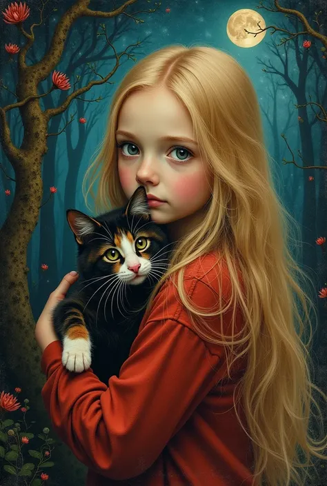 Esao Andrews style, mail art, sweetness overload, northern renaissance, tempera on old worn canvas, fairy tale, symbolism, dynamic poster, little blonde girl with long hair with a furry, fluffy black and ginger and white cat on her shoulder on a foggy nigh...