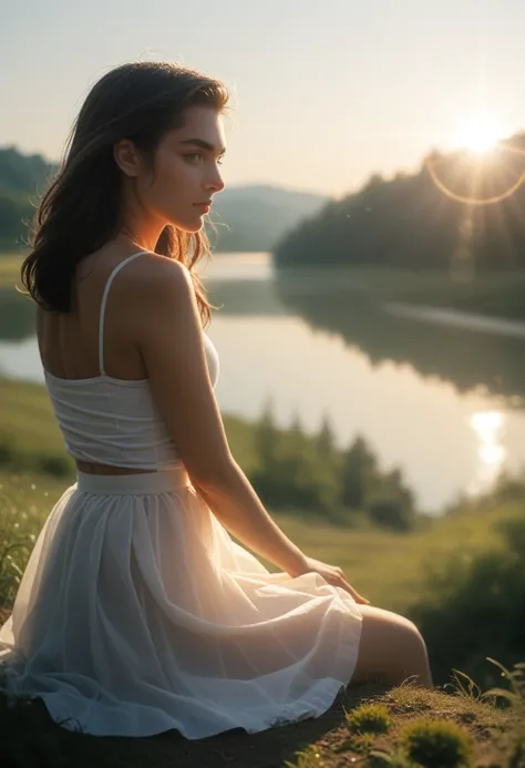 Portrait of a beautiful woman sitting with a very small transparent skirt revealing her crotch in a windy, bright field., river, (backlighting), realist, masterpiece, of the highest quality, Lens flare, shadow, bloom, [[chromatic aberration]], by Jeremy Li...