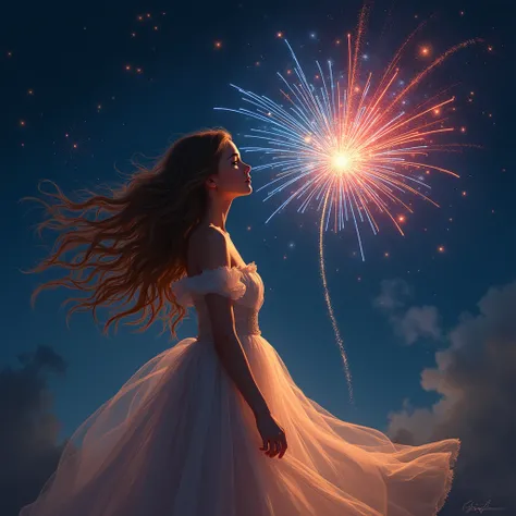 Many fireworks in eyes of young lady at night