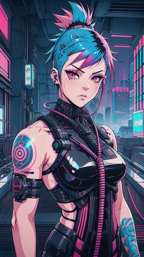 virtual realism, a girl with short multicolored pink teal and blue hair faux hawk style, red eyes, outdoors, cyberpunk city, she...