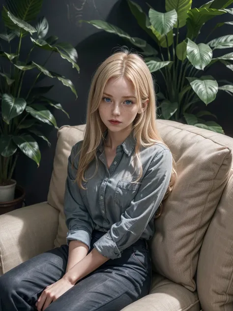 Blonde girl, long hair, dark grey button-down shirt, dark pants, sitting, elbow resting on knee and hand touching chin, looking at viewer, intelligent look, (comfortable couch, plush cushions, cozy design, elegant upholstery, relaxed atmosphere, plantation...