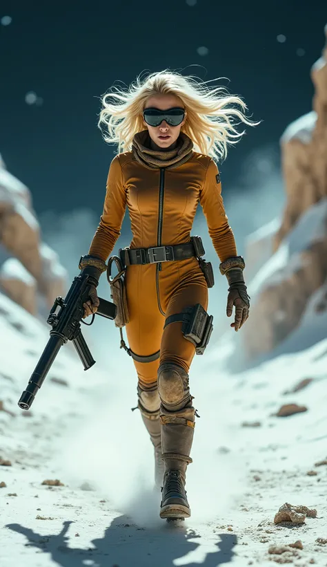 Angry sexy Blonde woman space ranger, full body shot head to toe, exploring a dry rocky almost barren ice planet, running 3/4 profile left, holding a long barrol multishot space hunting rifle, ultra blonde white hair, wavy hair, curly hair, sexy hair, larg...