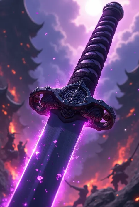 a katana with its pommel and crossguard interconnected, blade color predominantly purple, style of anime, battle background