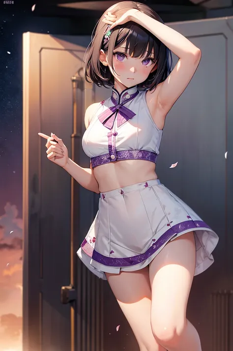 practical, 1 girl, black hair, purple eyes, glowing eyes, crop top, skirt, open your mouth, blush, night, flowers, sun, sunlight...