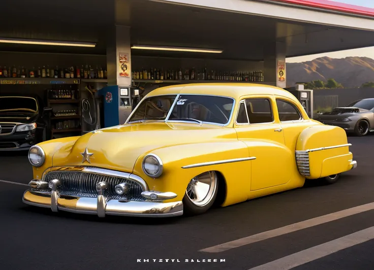 diagonal and distant camera, imagem completa de um hot rod mercury monterey 1950 limousine de 4 portas, futuristic style, rounde...