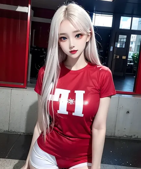 Woman with long hair see straight, white hair color, high detailed, realistic, ultra realistic, (red color t-shirt and short pant blue), make up eyes,