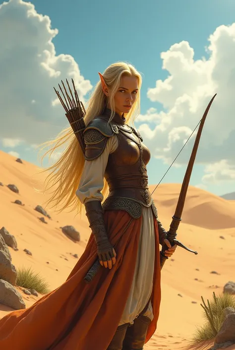 Young elf woman, Long straight blonde hair, wearing leather breastplate and medieval clothes, wielding a bow, in a desert, best qualityer, high fantasy.