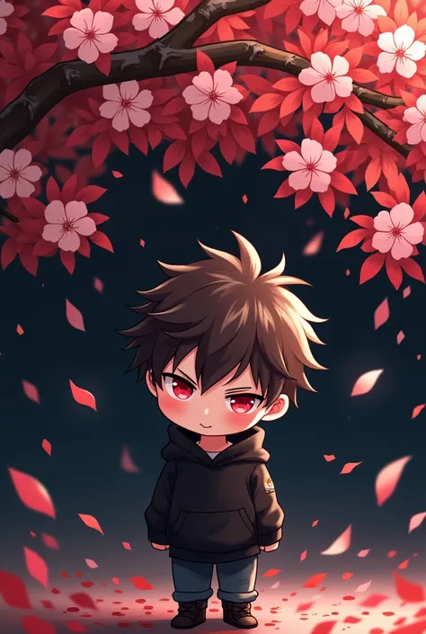 Blossom tree theme , White , black , Blood red colour , black background , Anime boy , Spiky hair , black hoodie , red eyes , narrowed eye , blushed , chibi
