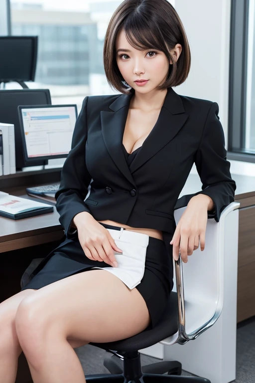 High definition、Fine、Realistic、A beautiful, busty, and leggy female office worker with short hair, wearing a black mini-skirt suit, is sitting in a chair at the office.、Wearing high heels、Panties are visible、Small waist、Calf muscles are swollen、Long, slend...