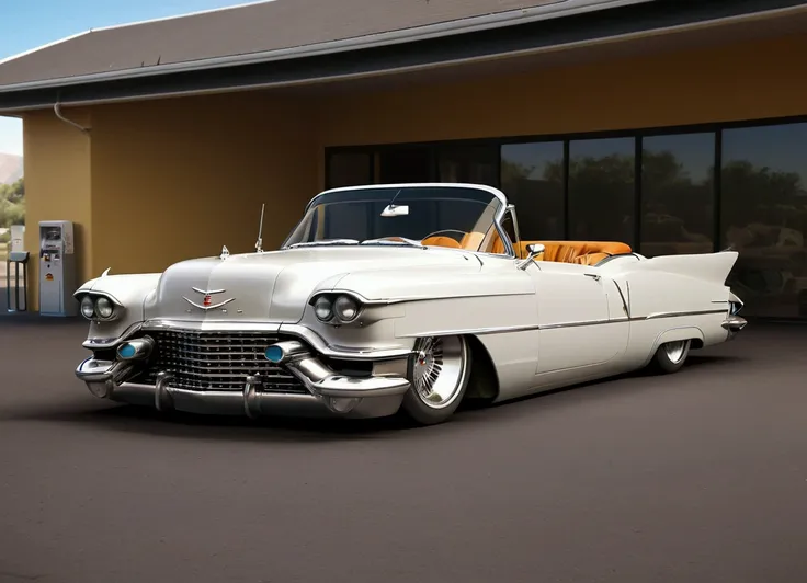 diagonal and distant camera, full length image of a 1959 cadillac eldorado biarritz 4-door convertible hot rod, futuristic style...