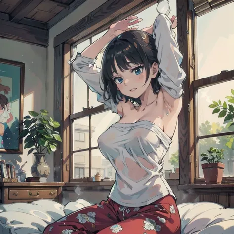 Anime Kawaii sexy Perfect Slim sensual body large breast and huge thighs, An intricate and highly detailed illustration of anime (Young girl) (masterpiece:1.2), Detailed fingers, Beautiful woman, Sitting on the bed, She is wearing a loose off-the-shoulder ...