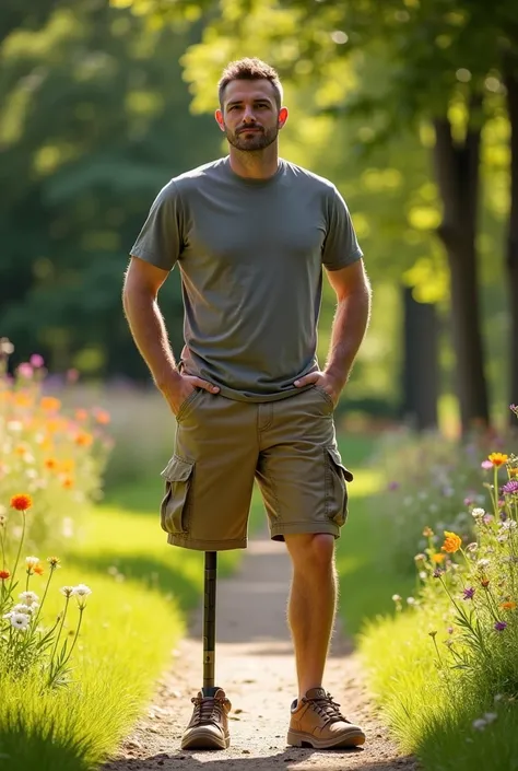 Man with an amputated leg wearing cargo shorts