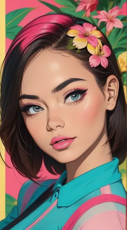 create digital artwork in pop art, featuring a bright and confident young asian girl，street fashion, movie color scheme, surroun...