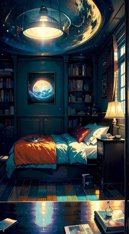 Cozy room, table, bed, many books, paintings, happiness, full color, multicolored, artificial, highest detail, super quality, small details, glare, neon lights, masterpiece, illustration, daylight, huge room, huge windows, I’m space, stars, planets, at nig...