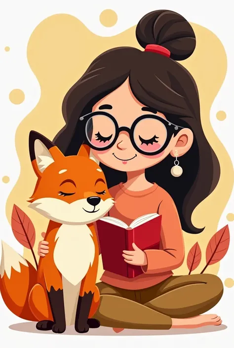 Cartoon logo of an orange fox with a cream chest and brown paws, a woman sitting down wearing black glasses while holding a red book, with closed eyes and no smile